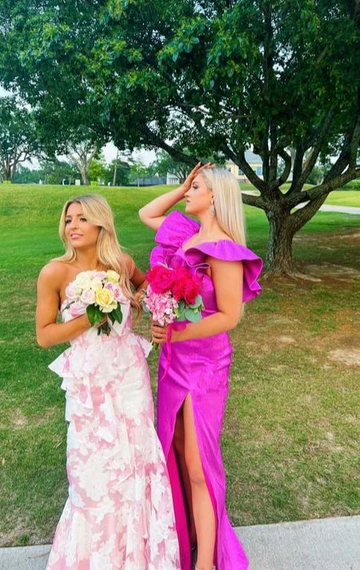 Pink Mermaid Strapless Print Floral Evening Dress Prom Dress Party Dress HZ1023